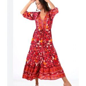 Walker & Wade Carrie Midi Dress Drawstring Waist Cherry Floral Pink Orange Med